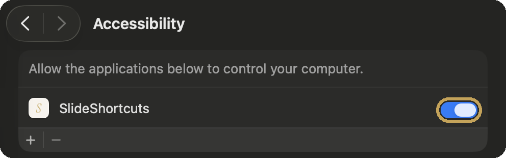 System Settings, Accessibility list: the switch next to SlideShortcuts turned on, circled
